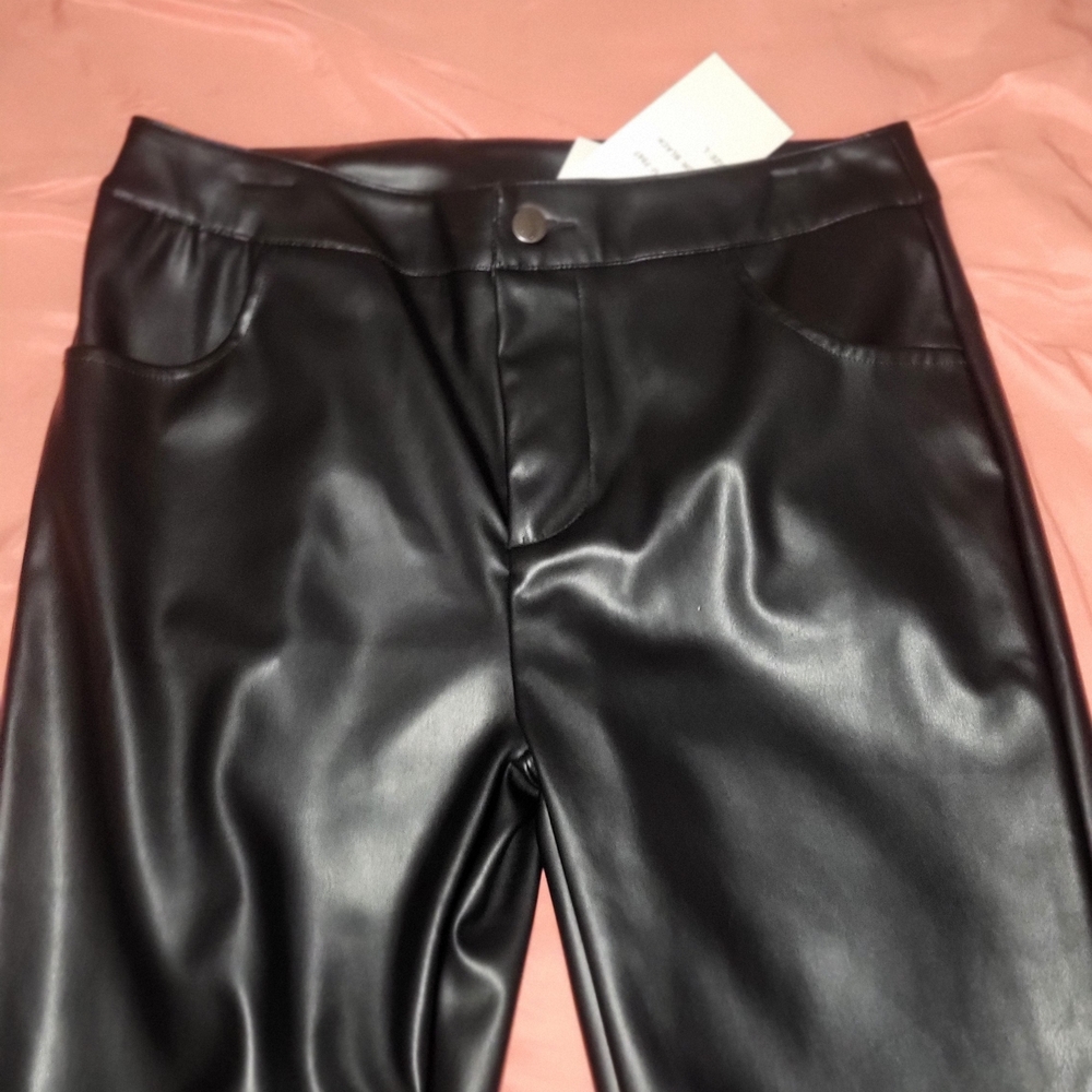 Women's Black Faux Leather Pants with Fur Trim - Picture 8 of 11